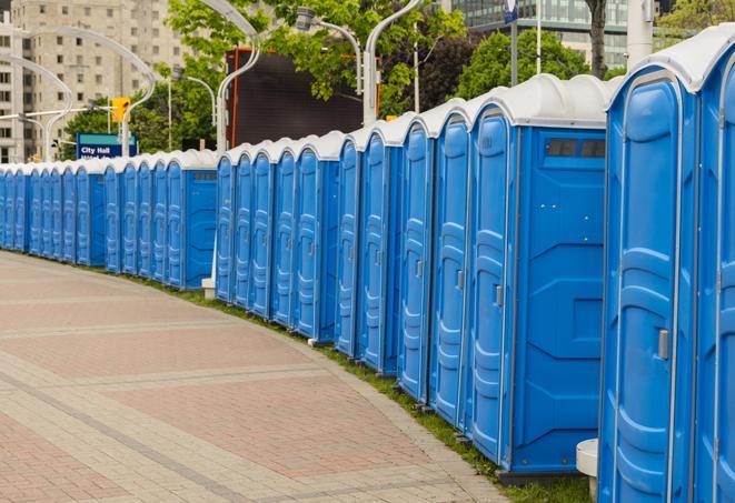 a row of portable restrooms set up for a special event, providing guests with a comfortable and sanitary option in Burlington, WA